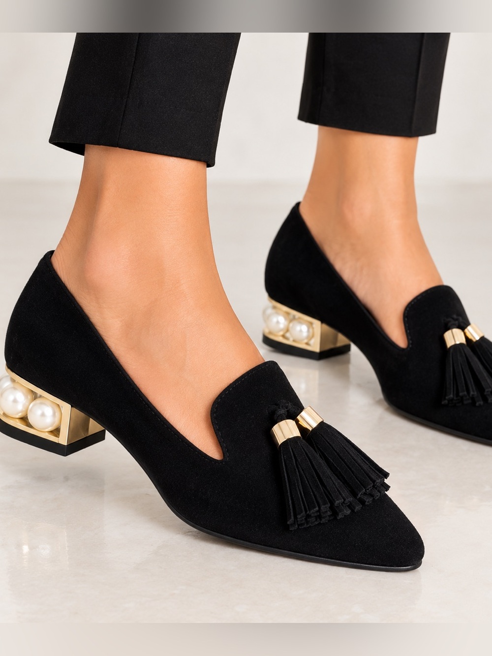 Jeffrey Campbell CIVIL Black Suede Pearl Heel Tassel Loafers Statement Shoes 6